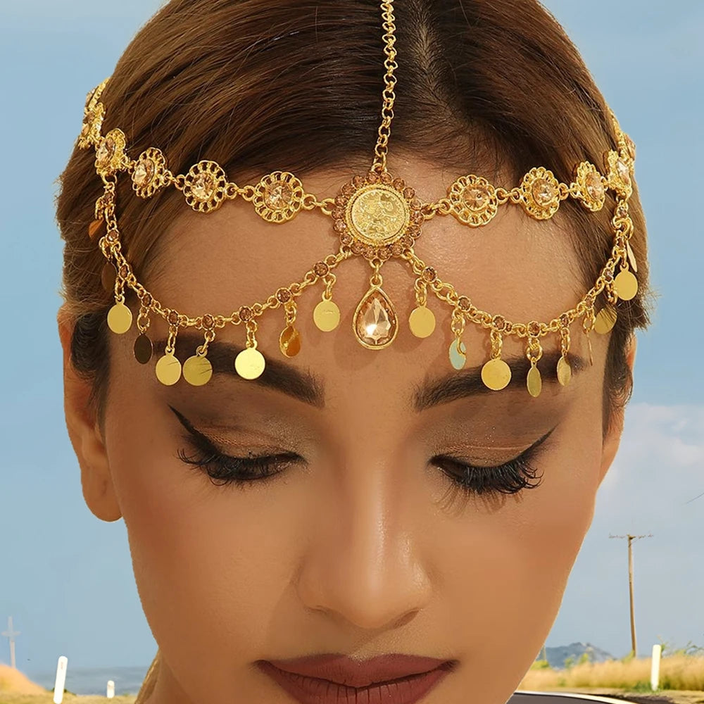 Egyptian Crystal Forehead Headpiece Gold Color Alloy Hollowed Rhinestone Coin Tassel Head Chain Women's Dance Accessories