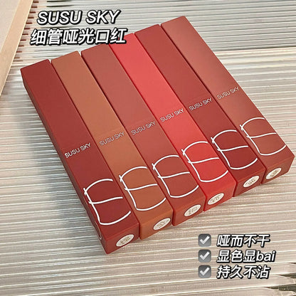 SUSU SKY Matte Lipstick Small Red Tube Matte Genuine Thin Tube Nonstick Cup Lip Glaze Slightly Tipsy Rose Wholesale Makeup