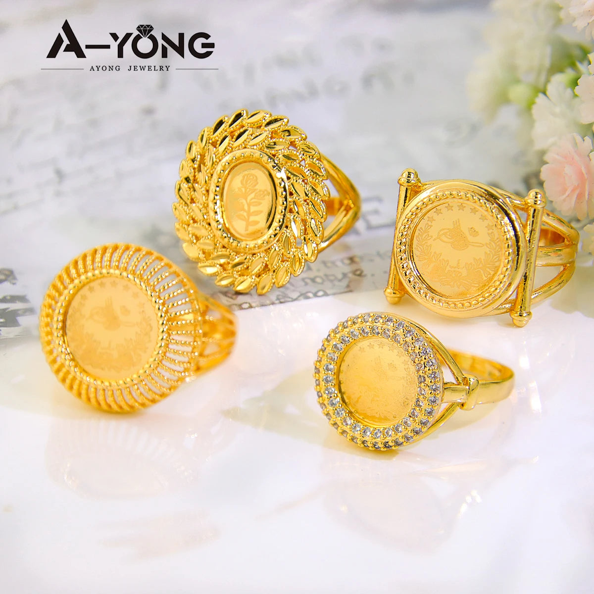 AYONG Turkish Gold Coin Rings 18k Gold Plated Dubai African Saudi Arabia Women Wedding Party Accessories