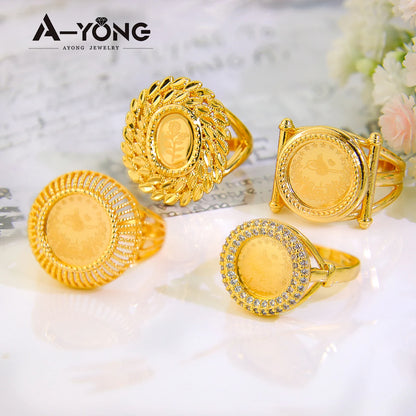 AYONG Turkish Gold Coin Rings 18k Gold Plated Dubai African Saudi Arabia Women Wedding Party Accessories