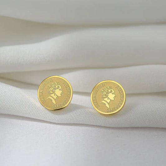 Design Stainless Steel Gold Color Retro Queen Head Coin Stud Earrings- Fashion Party Jewelry