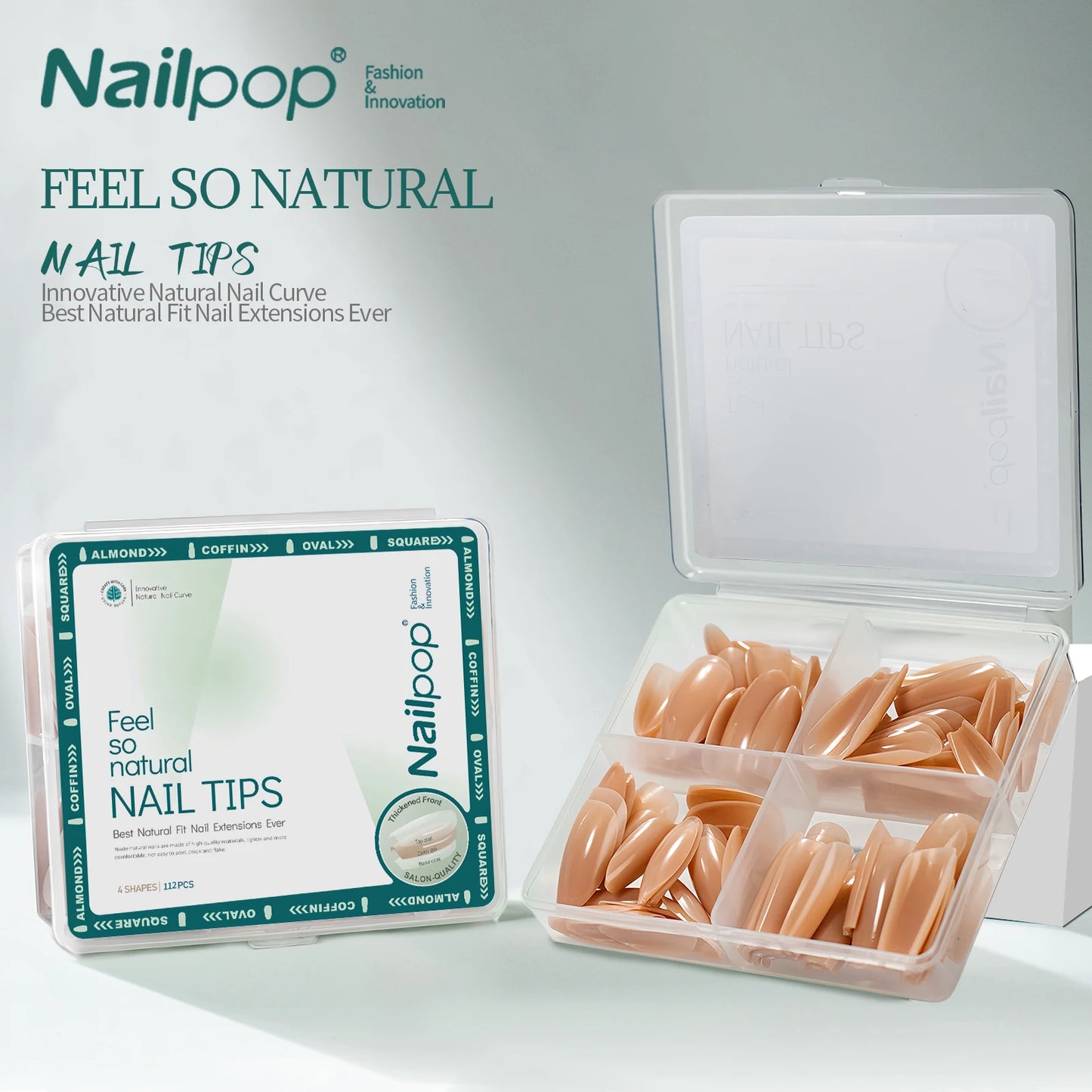 Nailpop Press on Nude Pink 4 Shapes Almond Square Pre Colored 4 in 1 X-coat Tips Pre-applied Tip Primer for Nail Art DIY 112Pcs