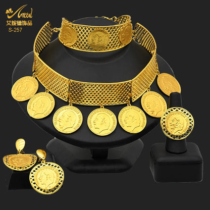 ANIID Dubai Gold Color Coin Necklace Bracelet Jewelry Sets For Women African Ethiopian Bridal Wedding Luxury Jewellery Gifts