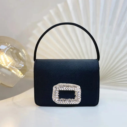 Andralyn Luxury Diamond Square Button Women's Evening Bag Party Clutch Purses Satin Rhinestone Small Square Bag Chains Shoulder Bag Bolsa