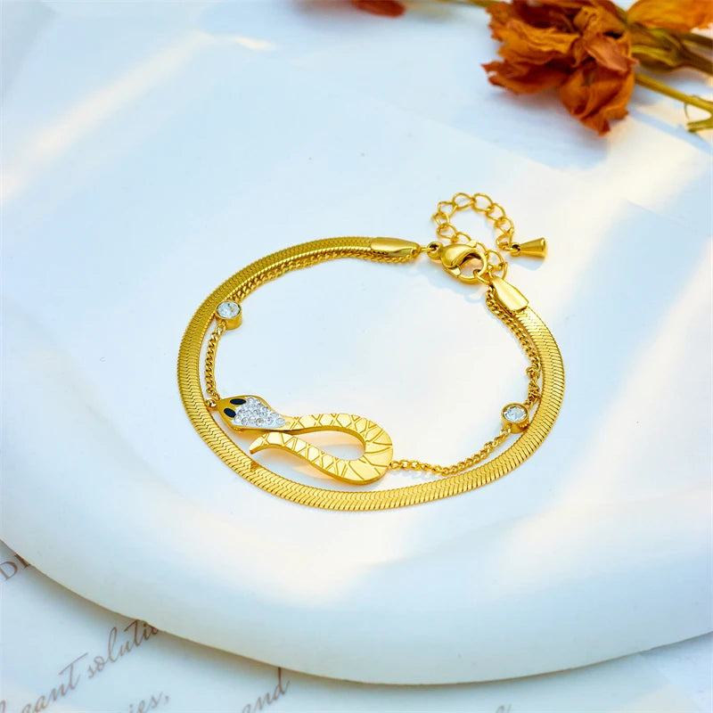 DIEYURO  Stainless Steel Snake Charm Bracelet For Women New Fashion Gold Color 2in1 Wrist Chains Jewelry