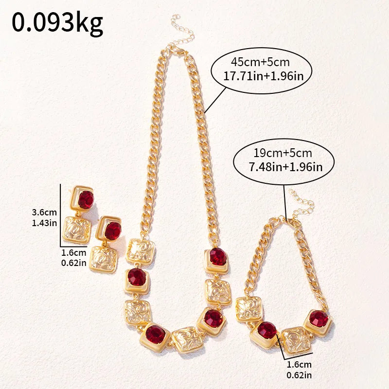 Vintage Ethnic Square carve Crystal Necklace Bracelet Earrings Sets For Women Fashion Antique Indian Jewelry Set Party Outfits