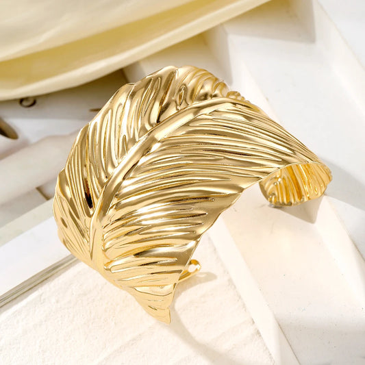 IFMIA Charm Big Metal Feather Opening Bangle For Women Men Gold Color Leaf Bracelet Fashion Jewelry