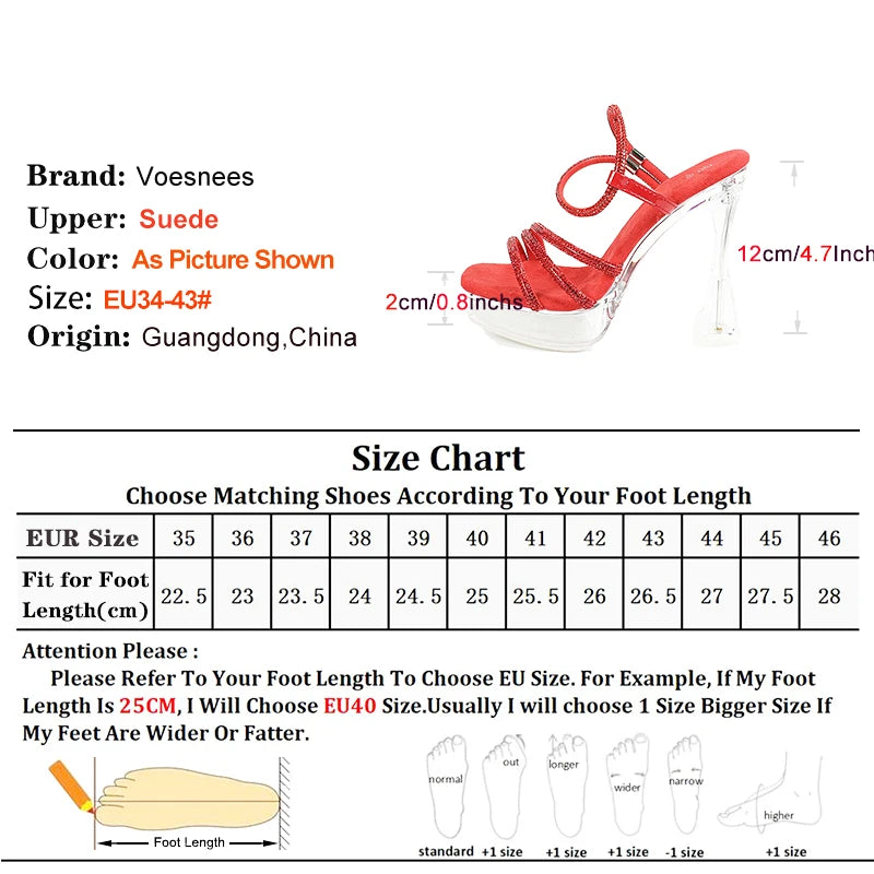 Women Shoes Summer New Designer Narrow-band Sandals 12CM Woman Clear Platform Slip On Sandals Shiny Rhinestone Party Shoes Black