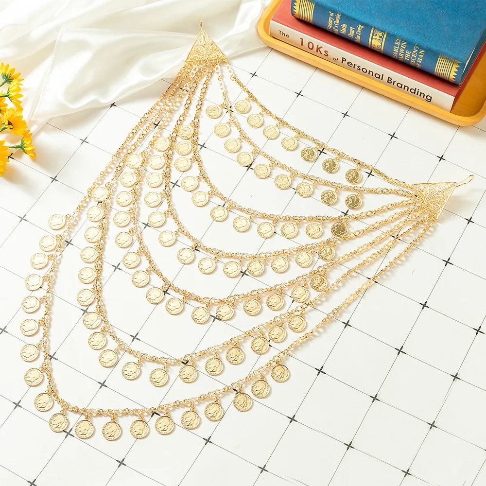 Wedding Bride Gold Color Necklace Handmade Multi-layer  Chest Chain Coin Necklace Body Chain Jewelry