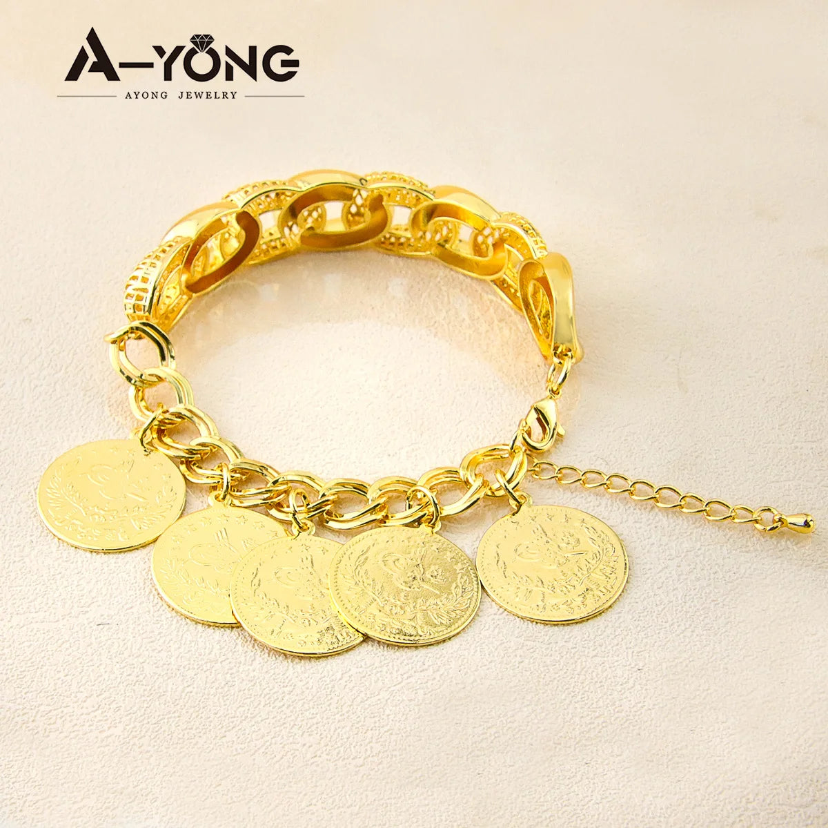 Punk Coins Bracelet 21k Gold Plated Turkish Fashion Gold Bangles Woman Festival Event Party Jewelry