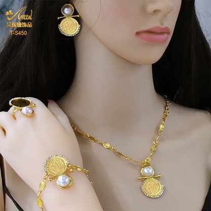 ANIID Coin Dubai Gold Color Jewelry Sets For Women Bridal Pearl Necklace Bracelets Earrings Ring 4Pcs Wedding Collection Set