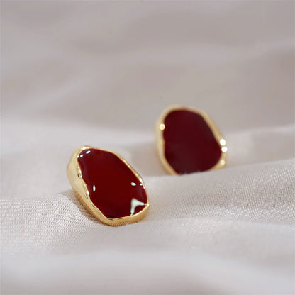 New Trend Wine Red Enamel Women's Stud Earrings Geometric Statement Female Small Earrings Unique Design Unusual Earrings