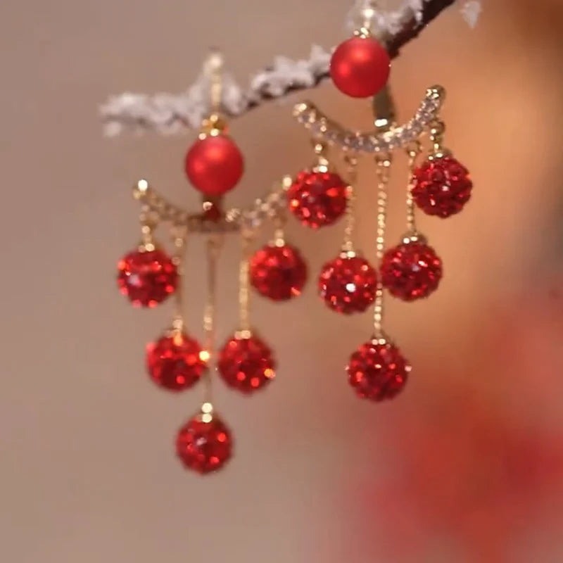 Rhinestone Ball Tassel Earrings Silver Needle Fashion Red Long Earrings For Women