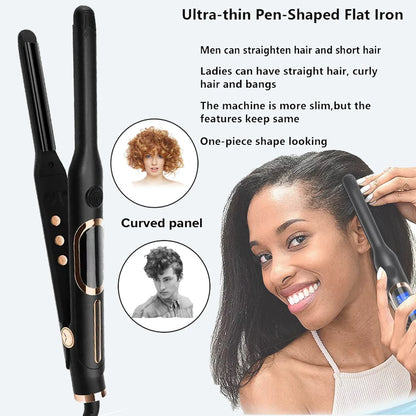 Hair Straightener Small Flat Iron for Short Hair and Pixie Cut Beard Thin Pencil Ceramics Flat Iron and U-shaped Splint Curler