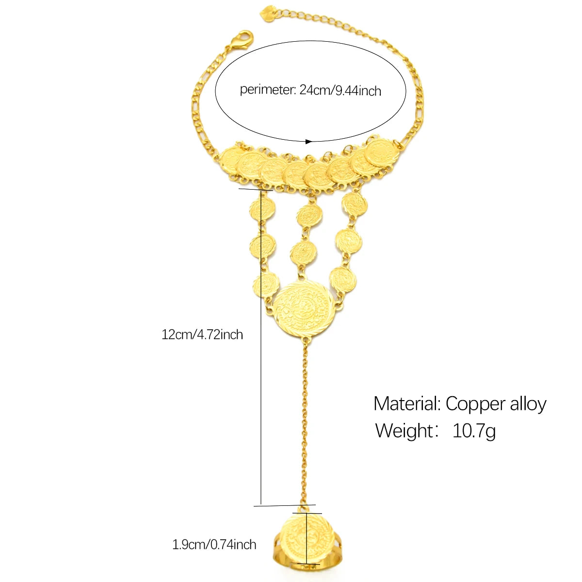 Turkish Coin Bracelet with Ring 24k Gold Plated Tassel Bangle Party Event Accessories Gift