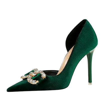 Fashion Women High Heel Rhinestone Buckle Bow Green Pink Pointed Toe Party Pumps Velvet Luxury Elegant Wedding Evening Shoes