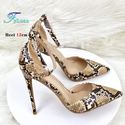 New 8cm 10cm 12cm Women High Heeled Sandals Brown Snake Print Thin Heel Stiletto Valentine's Day Evening Party Pointed Toe Shoes