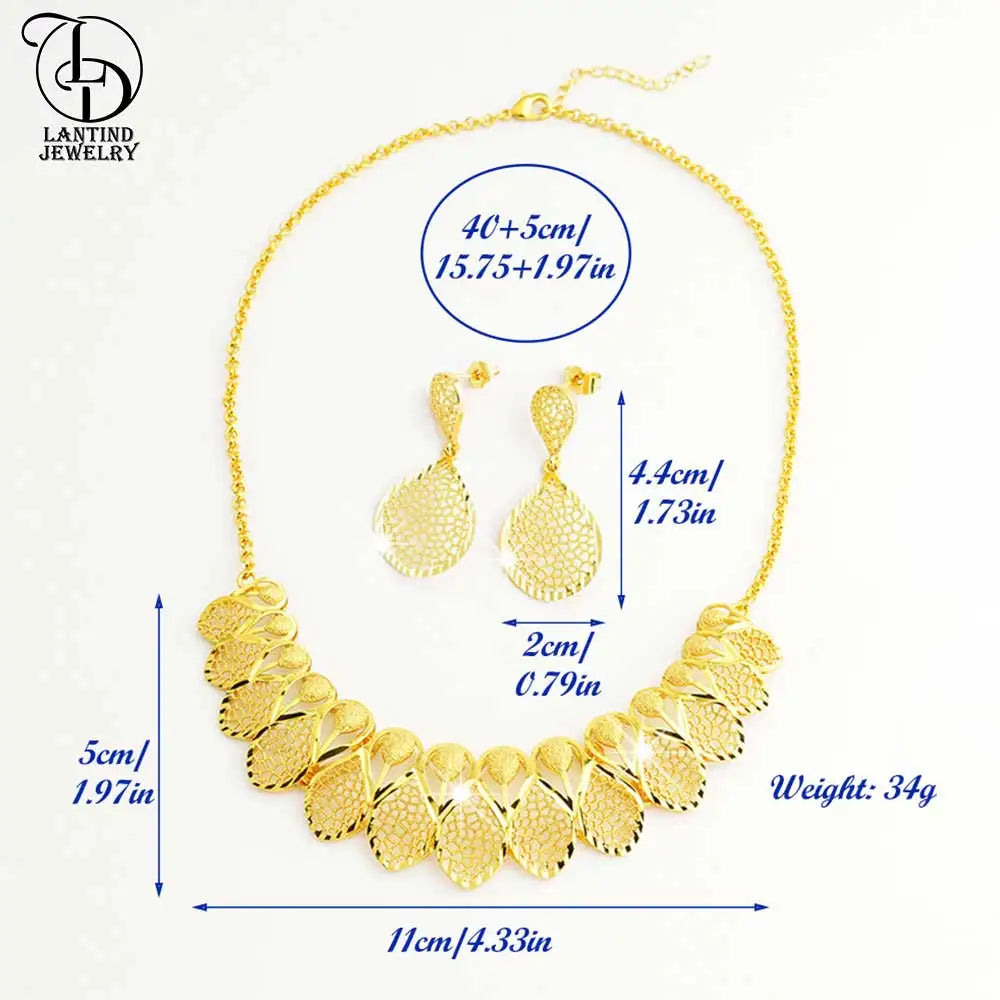 Dubai Style Cut Out Leaf Necklace Middle Eastern Fashion Ladies 24K Gold-Plated Water Drop Pattern Earrings Fashion Bridal Copper Jewelry Set