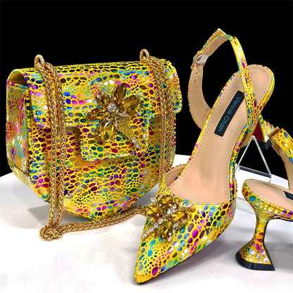 Spring New Arrivals Italian Design Shoes and Bag Set in Colored drawing Color Pointed Toe Comfortable Heels for Party