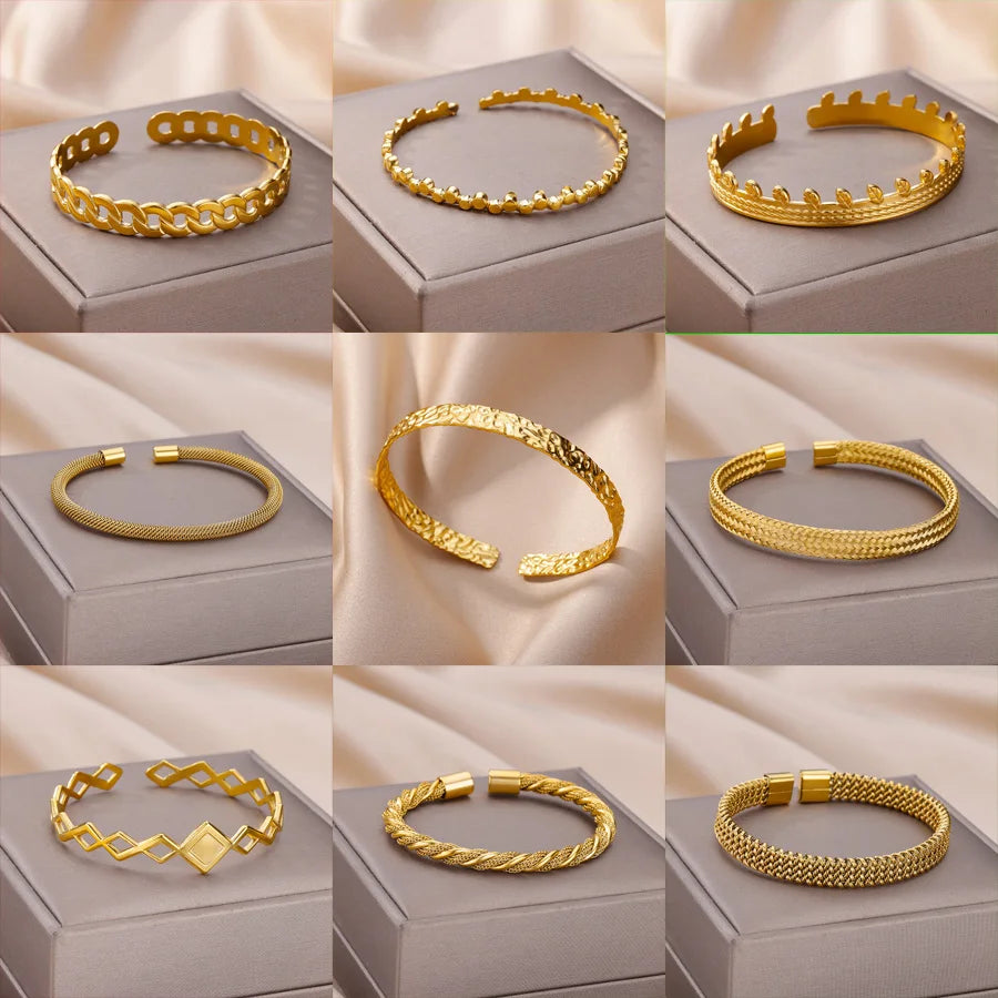 Gold Color Bangle Bracelet for Women Open Adjustable Stainless Steel Cuff Bracelets Trend Couple Jewelry