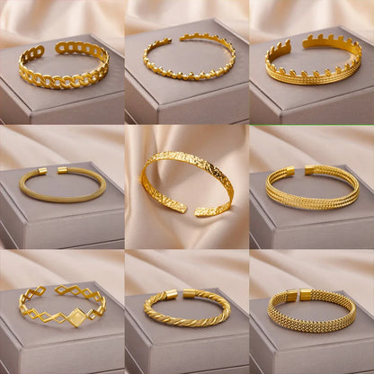 Gold Color Bangle Bracelet for Women Open Adjustable Stainless Steel Cuff Bracelets Trend Couple Jewelry
