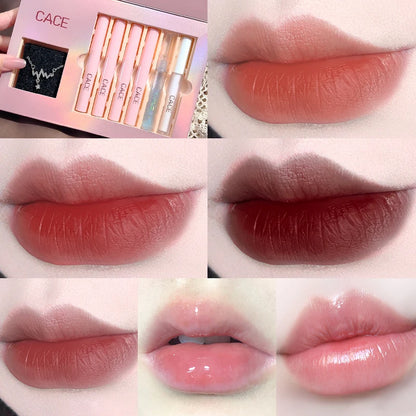 6 PCS Lips Makeup Sets Matte Liquid Lipstick Waterproof Long lasting Lipgloss Lip Balm Plumper Moisturzing Lip Oil Necklace Gift