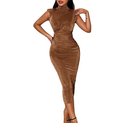 Summer Sleeveless Long Dress Women 2023 Half High Collar Elegant Office Lady Dress Sexy Bodycon Folds Slim Evening Party Dresses