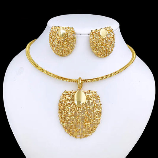 Gold Color Necklace Earrings Set For Women Unique Choker Pendant Earrings 3Pcs Set Jewelry Quality Accessories Free Shipping