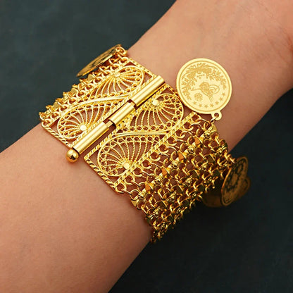 Turkish Kurd Wedding Jewelry Bracelet Gold Plated Coin Chain Bangle Ethnic Women Cuff Bracelet Birdal