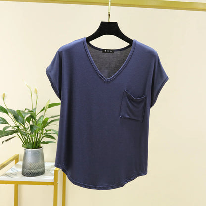 Summer Thin Tshirts V-Neck short sleeves Women Modal Loose T-Shirt with pocket Solid color Plus size Basic Tee Tops