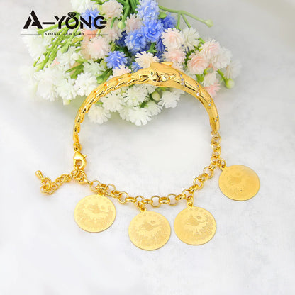 Arab Gold Color Coins Cuff Bracelet 21k Gold Plated Italian Fashion Snake Bangles with Zircon Dubai Women Luxury Vintage Jewelry