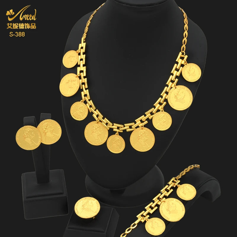 ANIID Dubai Gold Color Coin Necklace Bracelet Jewelry Sets For Women African Ethiopian Bridal Wedding Luxury Jewellery Gifts