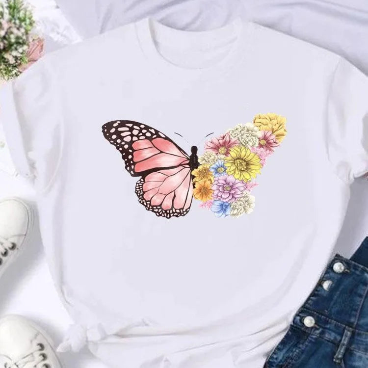 Women's European and American Clothing Butterfly Letter Printed Short-sleeved T-shirt Tops  Graphic T Shirts  Harajuku