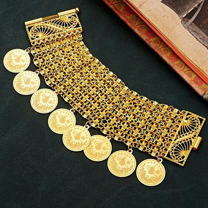 Turkish Kurd Wedding Jewelry Bracelet Gold Plated Coin Chain Bangle Ethnic Women Cuff Bracelet Birdal