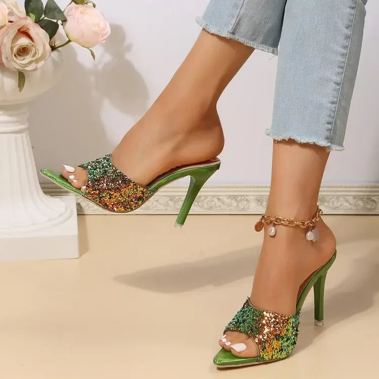 High Heels Slippers Womens Summer New Sexy Open Toe Stilettos Sandals Woman Luxury Sequined Pointed Banquet Party Pumps