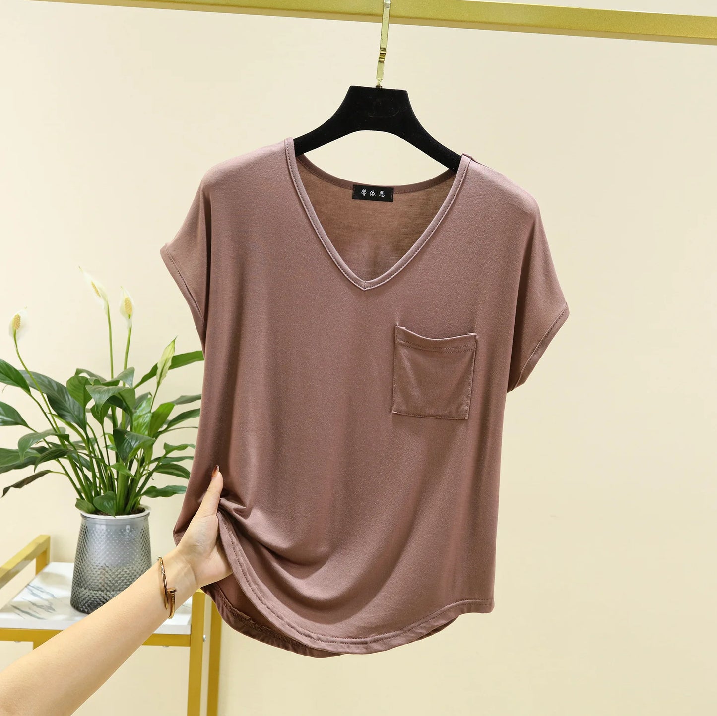 Summer Thin Tshirts V-Neck short sleeves Women Modal Loose T-Shirt with pocket Solid color Plus size Basic Tee Tops