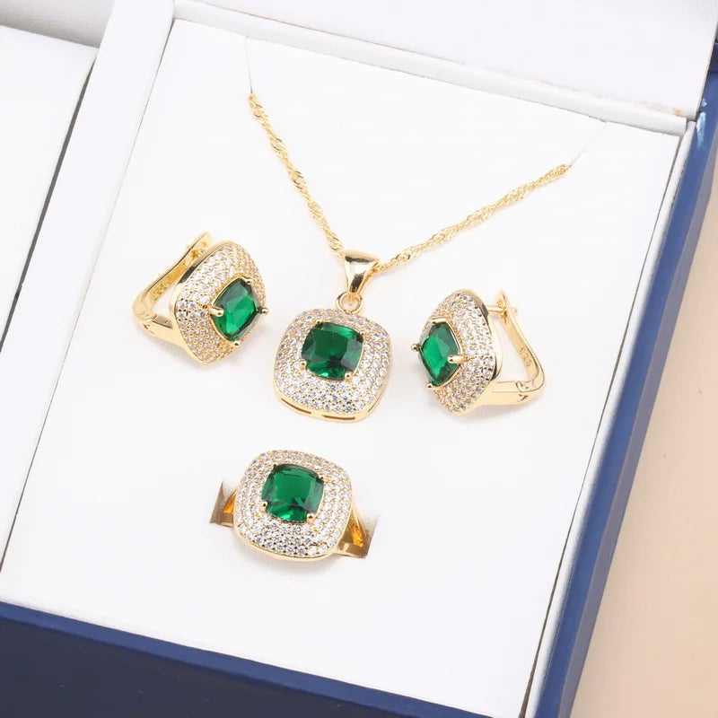 Square Elegant Dubai 18K Gold Plated Jewelry Set Unique Women Necklaces Earrings Ring Jewelry Set Party Accessory Gift