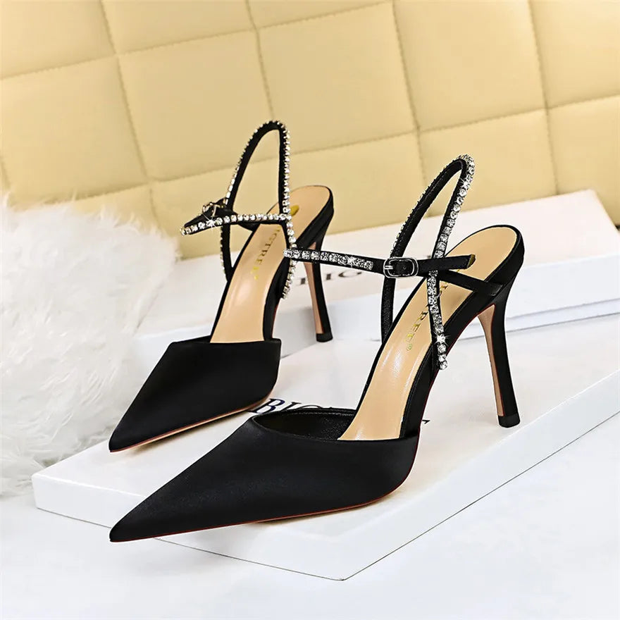 Soft Silk Pointy Toe Women Sandals Summer Crystal Buckle Fashion High Heels for occasions  Shoes Party Woman Pumps