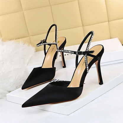 Soft Silk Pointy Toe Women Sandals Summer Crystal Buckle Fashion High Heels for occasions  Shoes Party Woman Pumps