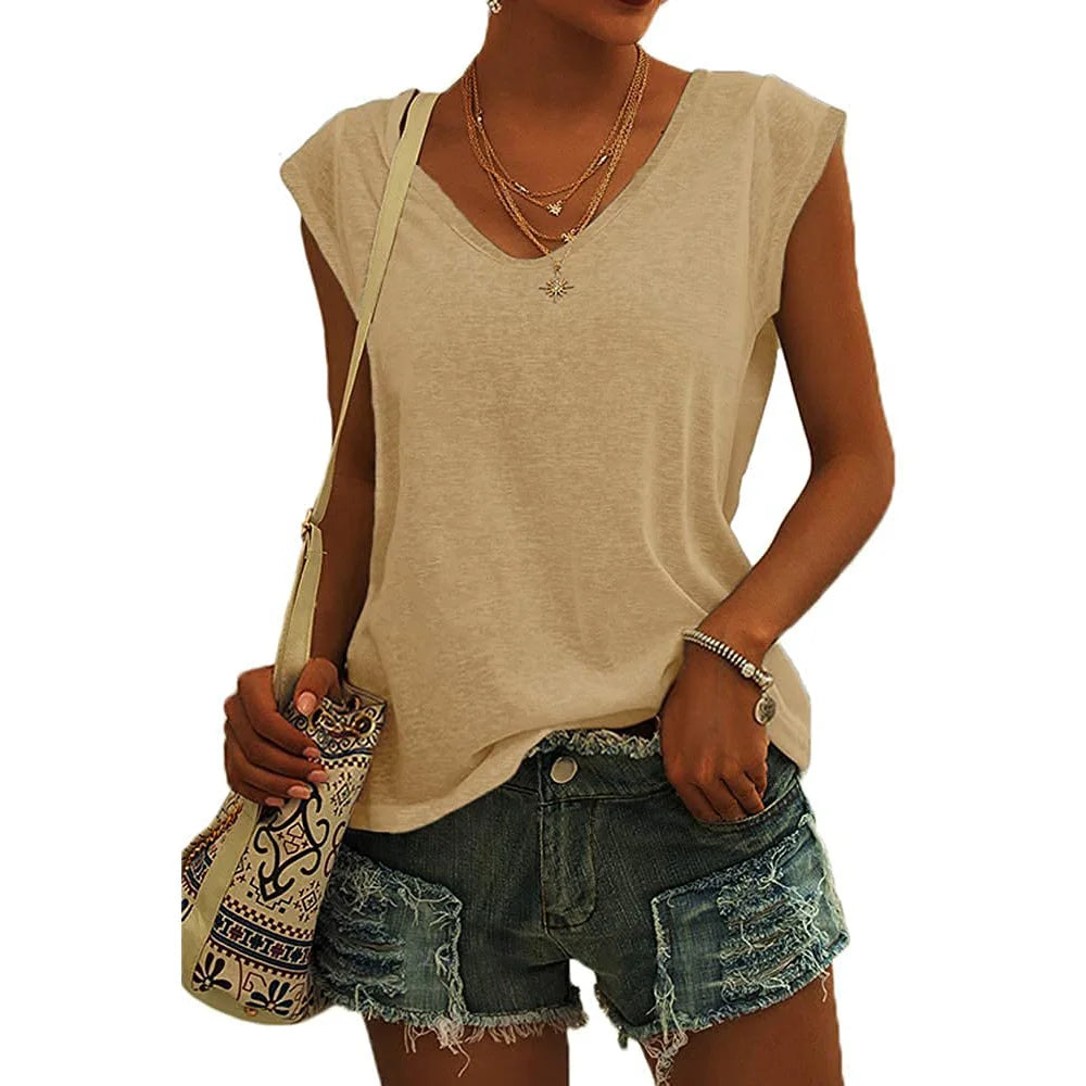 Summer Fashion Street V-neck T-shirts Women Fitness Tank Top Camisole Solid Color Breathable Cool Vest Tops Female Clothing