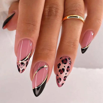 24Pcs Almond Fake Nails Orange Leopard Printed Press on Nails Full Cover Acrylic False Nails Patch for Women DIY Manicure Art