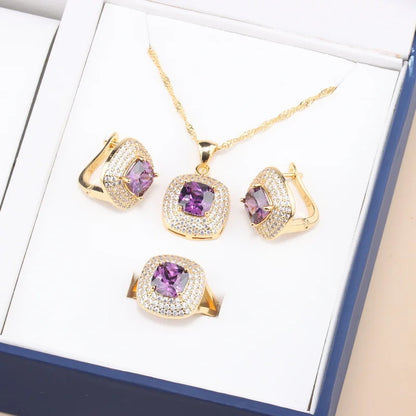 Square Elegant Dubai 18K Gold Plated Jewelry Set Unique Women Necklaces Earrings Ring Jewelry Set Party Accessory Gift