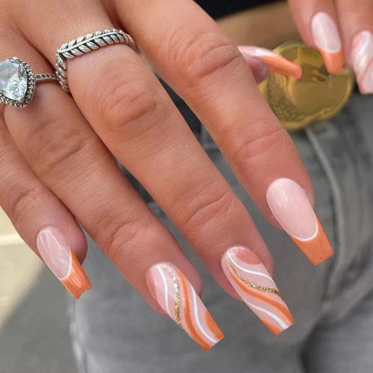 24pcs Long Ballet Fake Nails French Gradient False Nail Waterproof Faux Fingernails Red Snake Pattern Design Press on Nail Tips