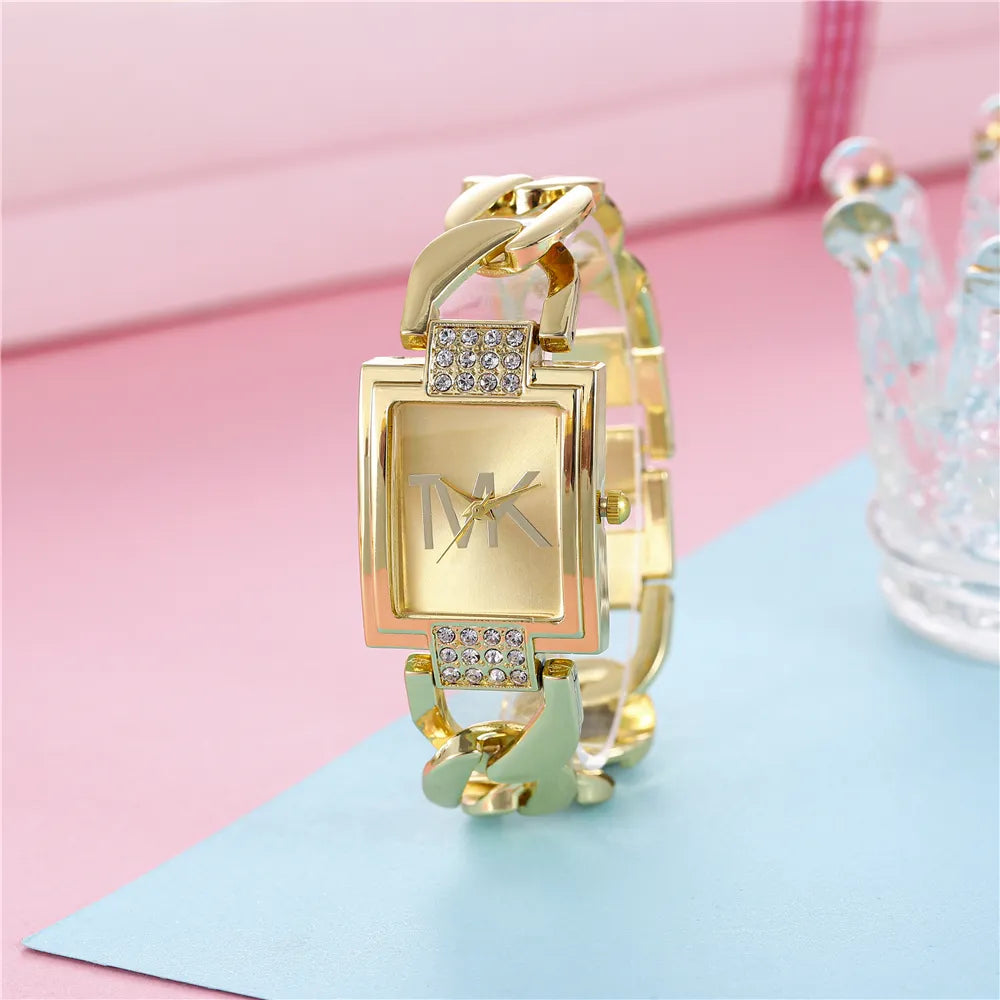 Luxury Gold Ladies Brand Watch Fashion Square With Diamonds Simple Women Quartz Watches Stainless Steel Strap Dress Clock