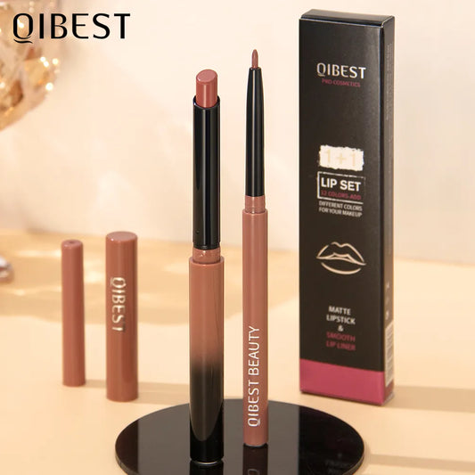 QIBEST New Matte Nude Lip Gloss & Long Lasting Lip Liner Dual