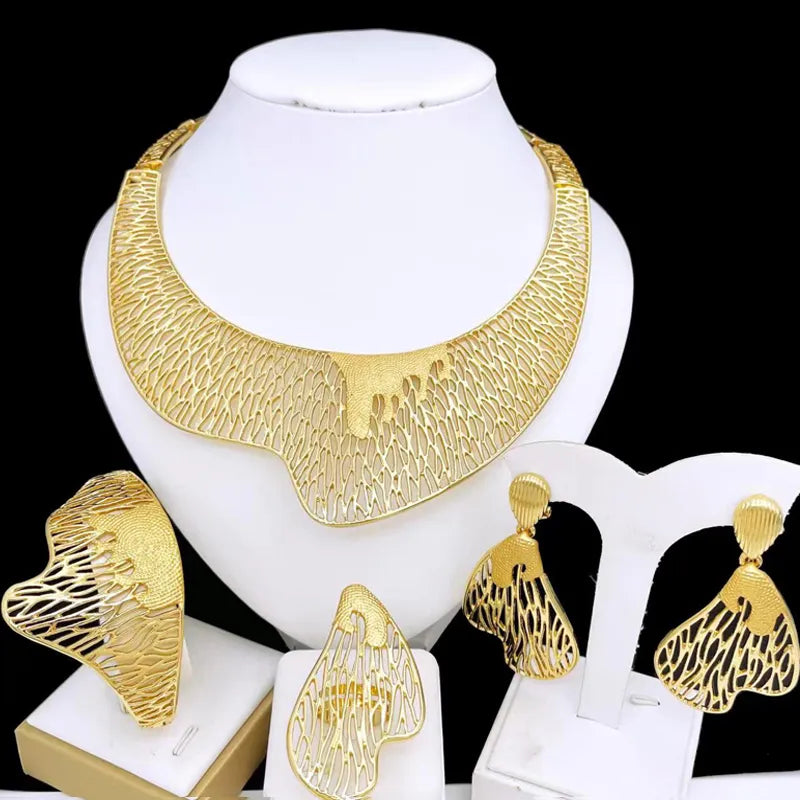 Italy 18k Gold Plated Jewelry Set Luxury Design Women Necklace Dubai Jewelry Big Earring Bangle Bride Wedding Party Accessories