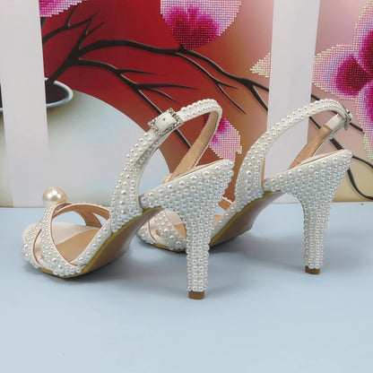 Lovein Crystal  New Arrival White Female Sandals Bridal shoes bag set woman Fashion Thin Heel Big Pearl Girls fashion Sandals party Shoes