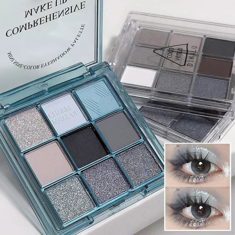 9 Colors Punk Blue Eyeshadow Palette Matte Smoky Black Eye Shadow Shimmer Palette Glitter Nude Cosmetics Pearlescent Eye Makeup