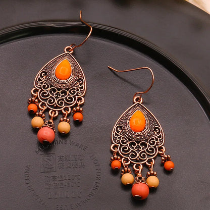 Ethnic Orange Beads Tassel Drop Earrings for Women Antique Gold Plated Geometric Pendientes Earring Boho Vintage Jewelry