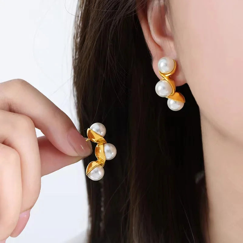 EILIECK 316L Stainless Steel Pearl Earrings For Women Fashion New Holiday Gold Color Waterproof Ear Jewelry